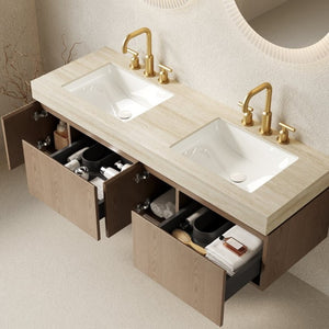 English Elm Muri 60 Inch Floating Bathroom Vanity Sintered Stone Top Dual Ceramic Basins Oak Finish Light Brown W2615S00745