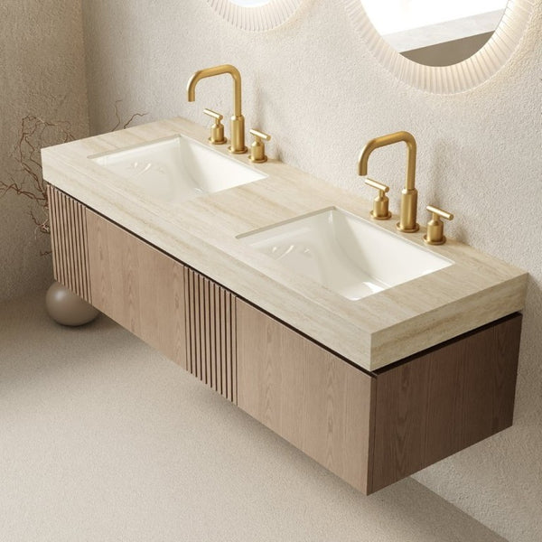 English Elm Muri 60 Inch Floating Bathroom Vanity Sintered Stone Top Dual Ceramic Basins Oak Finish Light Brown W2615S00745