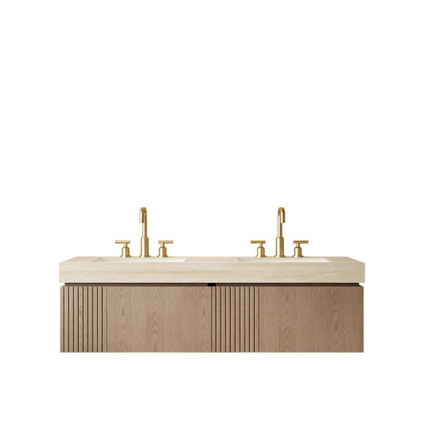 English Elm Muri 60 Inch Floating Bathroom Vanity Sintered Stone Top Dual Ceramic Basins Oak Finish Light Brown W2615S00745