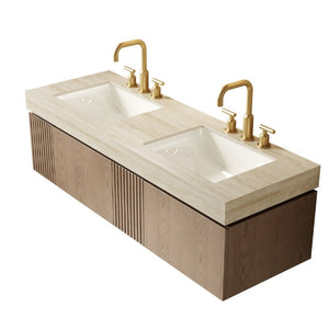 English Elm Muri 60 Inch Floating Bathroom Vanity Sintered Stone Top Dual Ceramic Basins Oak Finish Light Brown W2615S00745