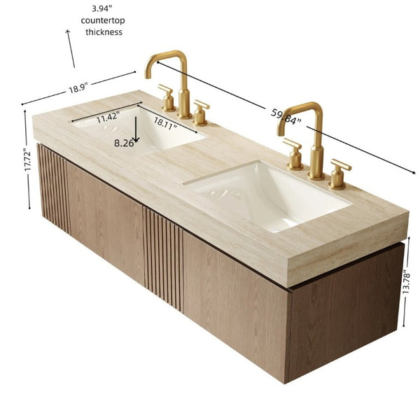 English Elm Muri 60 Inch Floating Bathroom Vanity Sintered Stone Top Dual Ceramic Basins Oak Finish Light Brown W2615S00745