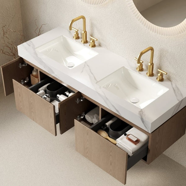 English Elm Muri 60 Inch Floating Bathroom Vanity with Sintered Stone Top and Oak Woodgrain Finish Heidelberg Woodgrain W2615S00746