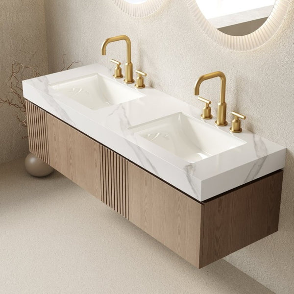 English Elm Muri 60 Inch Floating Bathroom Vanity with Sintered Stone Top and Oak Woodgrain Finish Heidelberg Woodgrain W2615S00746