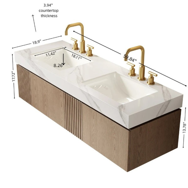English Elm Muri 60 Inch Floating Bathroom Vanity with Sintered Stone Top and Oak Woodgrain Finish Heidelberg Woodgrain W2615S00746