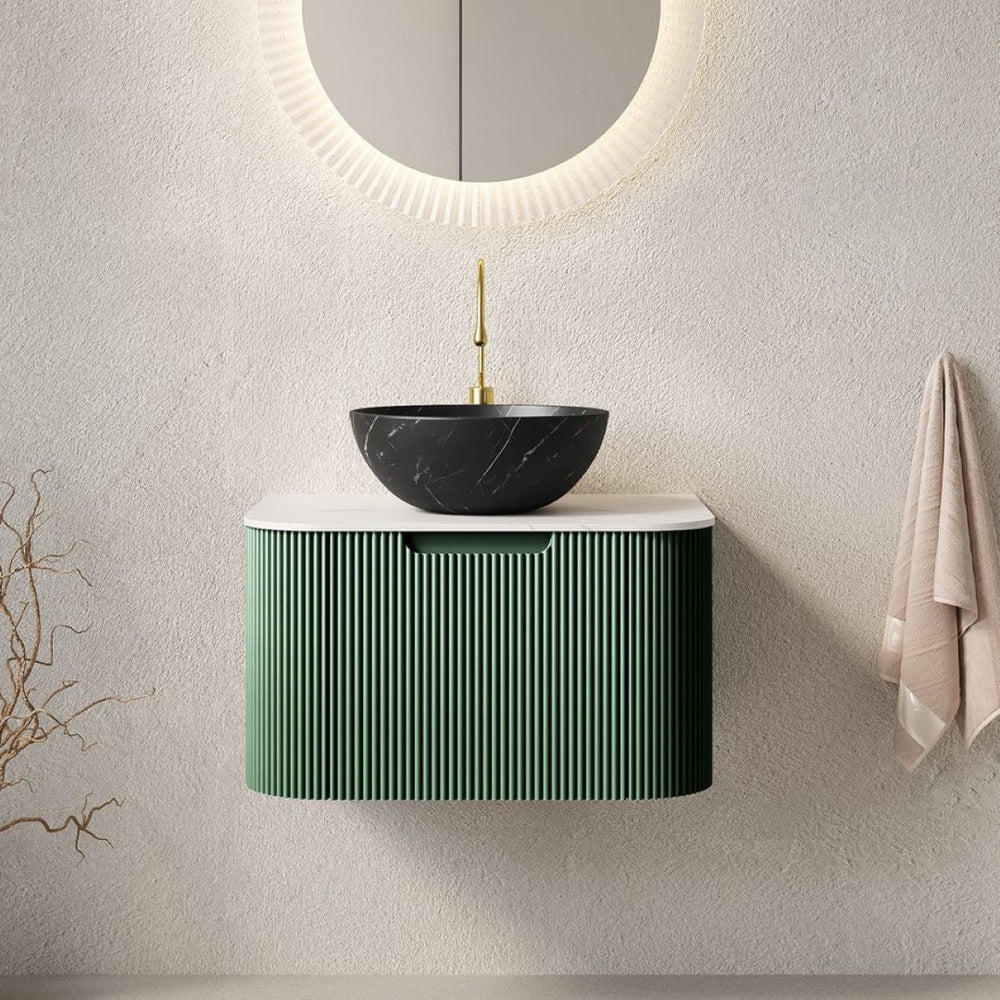 English Elm Dina Floating Bathroom Vanity with Sintered Stone Top Plywood Cabinet Vessel Basin Matte Black W2615S00762