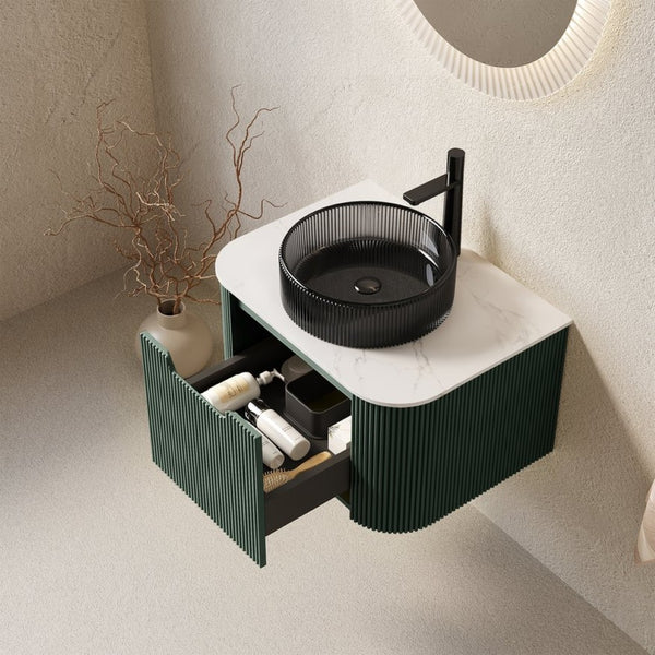 English Elm Dina Floating Bathroom Vanity Sculptural Plywood Cabinet with Crystal Glass Basin W2615S00765