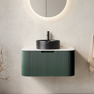 English Elm Dina Floating Bathroom Vanity Sculptural Striped Plywood Cabinet Sintered Stone Top W2615S00768