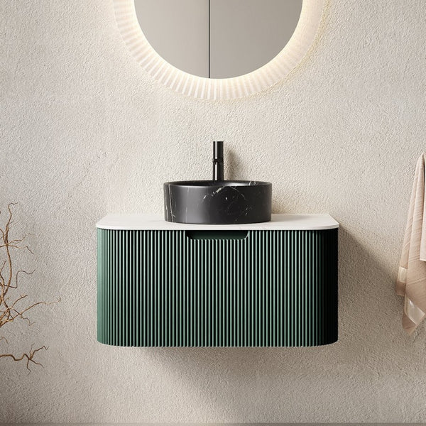 English Elm Dina Floating Bathroom Vanity Sculptural Striped Plywood Cabinet Sintered Stone Top W2615S00768