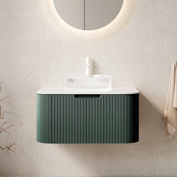 English Elm Dina Floating Bathroom Vanity with Sintered Stone Top and Crystal Glass Basin Dark Green W2615S00769