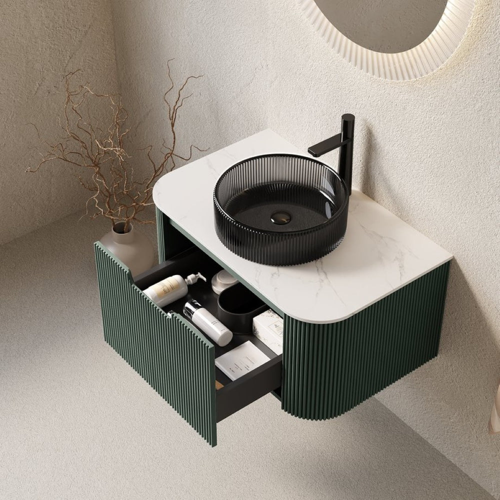 English Elm Dina Floating Bathroom Vanity with Sintered Stone Top and Crystal Glass Basin in Dark Green W2615S00770