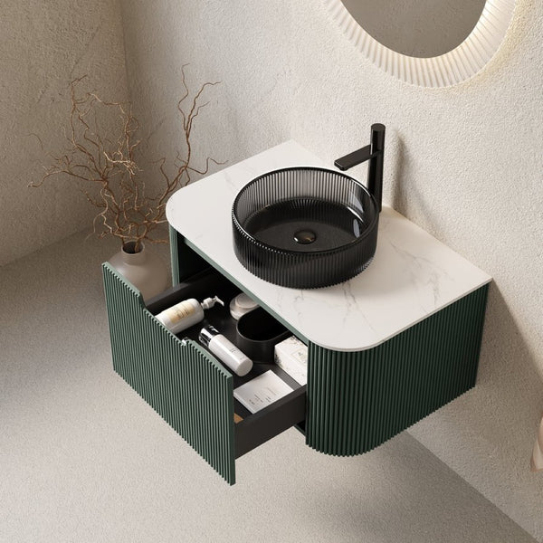 English Elm Dina Floating Bathroom Vanity with Sintered Stone Top and Crystal Glass Basin in Dark Green W2615S00770