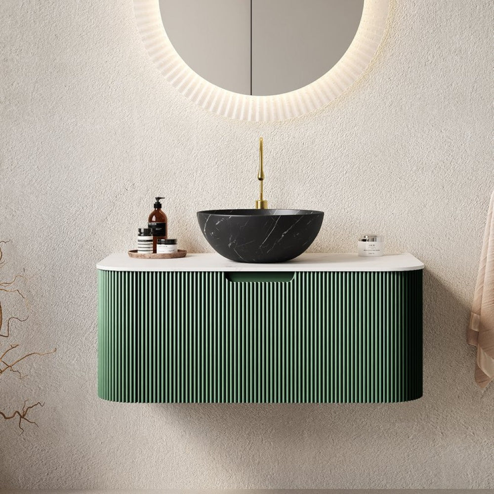 English Elm Dina Floating Bathroom Vanity Sintered Stone Top Matte Black Vessel Basin Dark Green W2615S00772