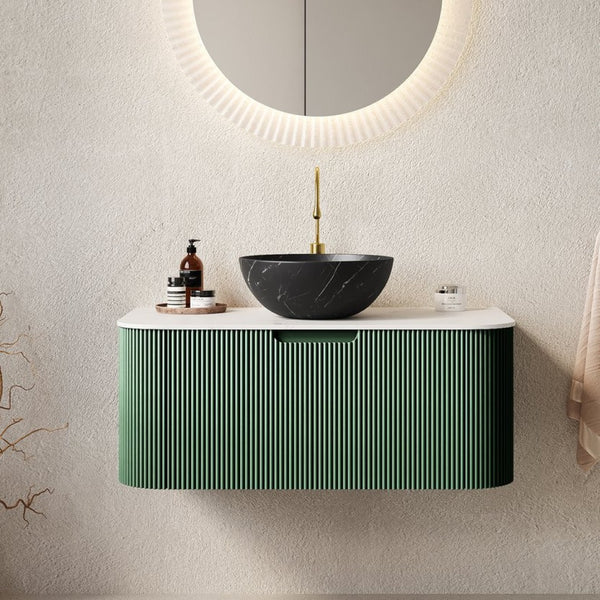 English Elm Dina Floating Bathroom Vanity Sintered Stone Top Matte Black Vessel Basin Dark Green W2615S00772