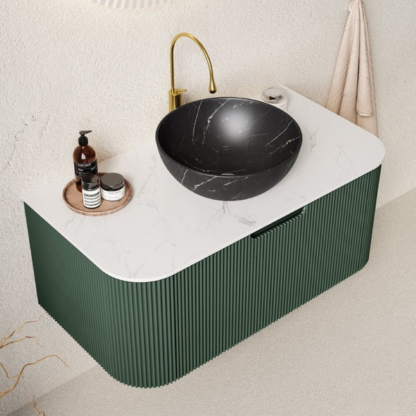 English Elm Dina Floating Bathroom Vanity Sintered Stone Top Matte Black Vessel Basin Dark Green W2615S00772