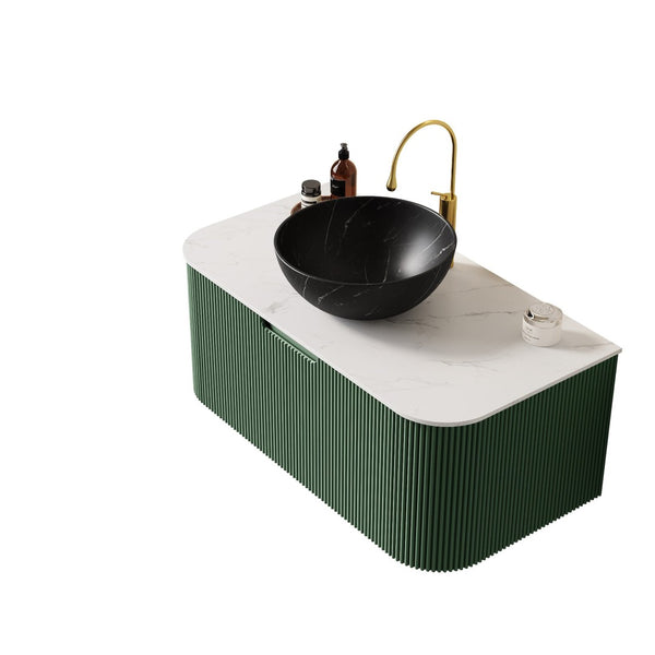 English Elm Dina Floating Bathroom Vanity Sintered Stone Top Matte Black Vessel Basin Dark Green W2615S00772
