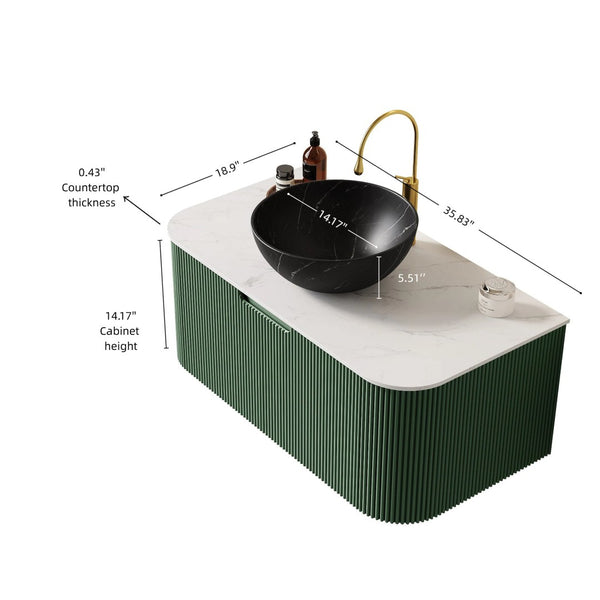 English Elm Dina Floating Bathroom Vanity Sintered Stone Top Matte Black Vessel Basin Dark Green W2615S00772