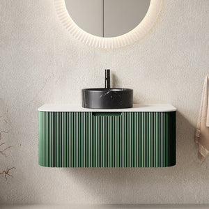 English Elm Dina Floating Bathroom Vanity with Sintered Stone Top and Forest Green Striped Drawer Panel W2615S00773