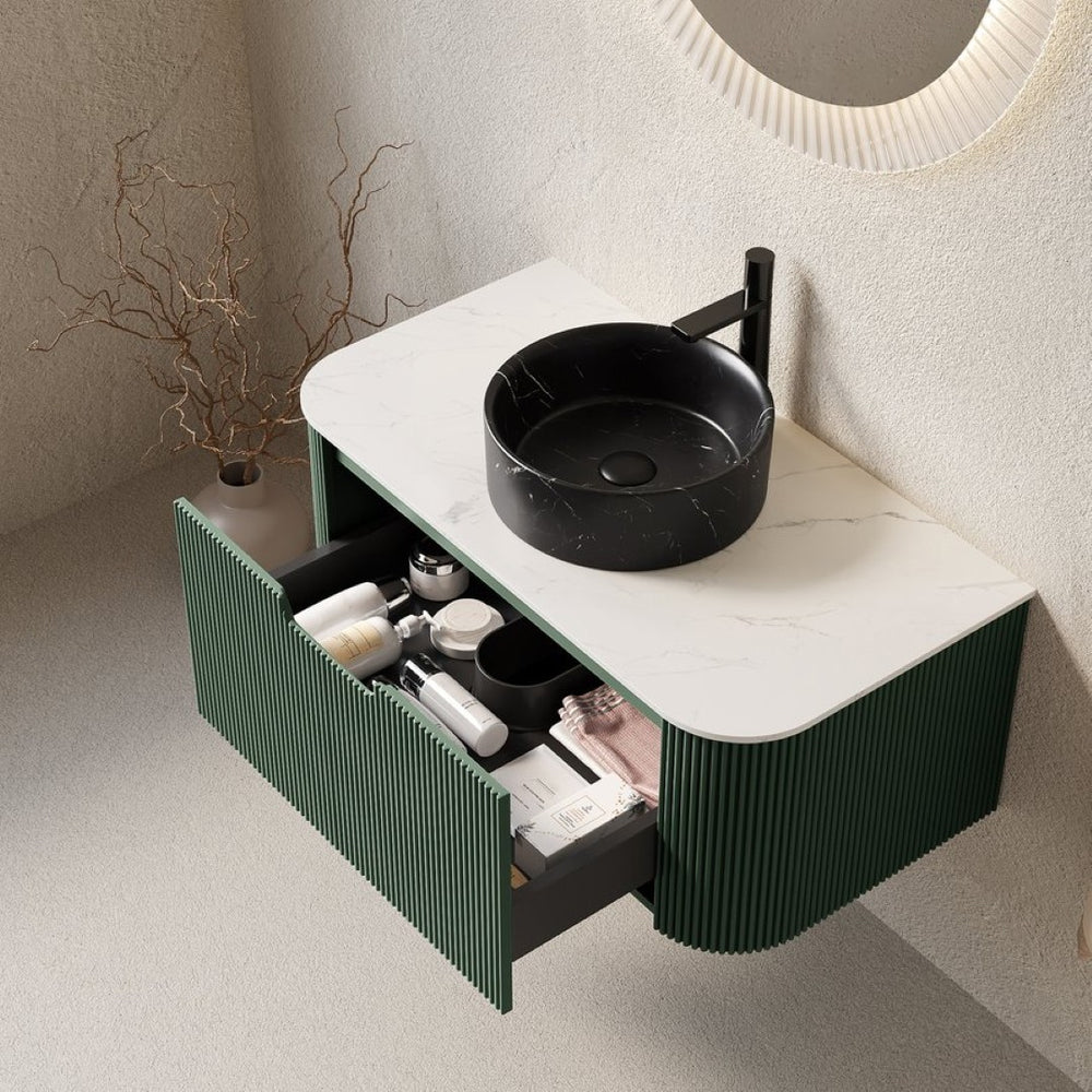 English Elm Dina Floating Bathroom Vanity with Sintered Stone Top and Forest Green Striped Drawer Panel W2615S00773