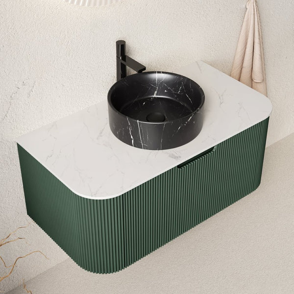 English Elm Dina Floating Bathroom Vanity with Sintered Stone Top and Forest Green Striped Drawer Panel W2615S00773