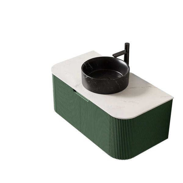 English Elm Dina Floating Bathroom Vanity with Sintered Stone Top and Forest Green Striped Drawer Panel W2615S00773