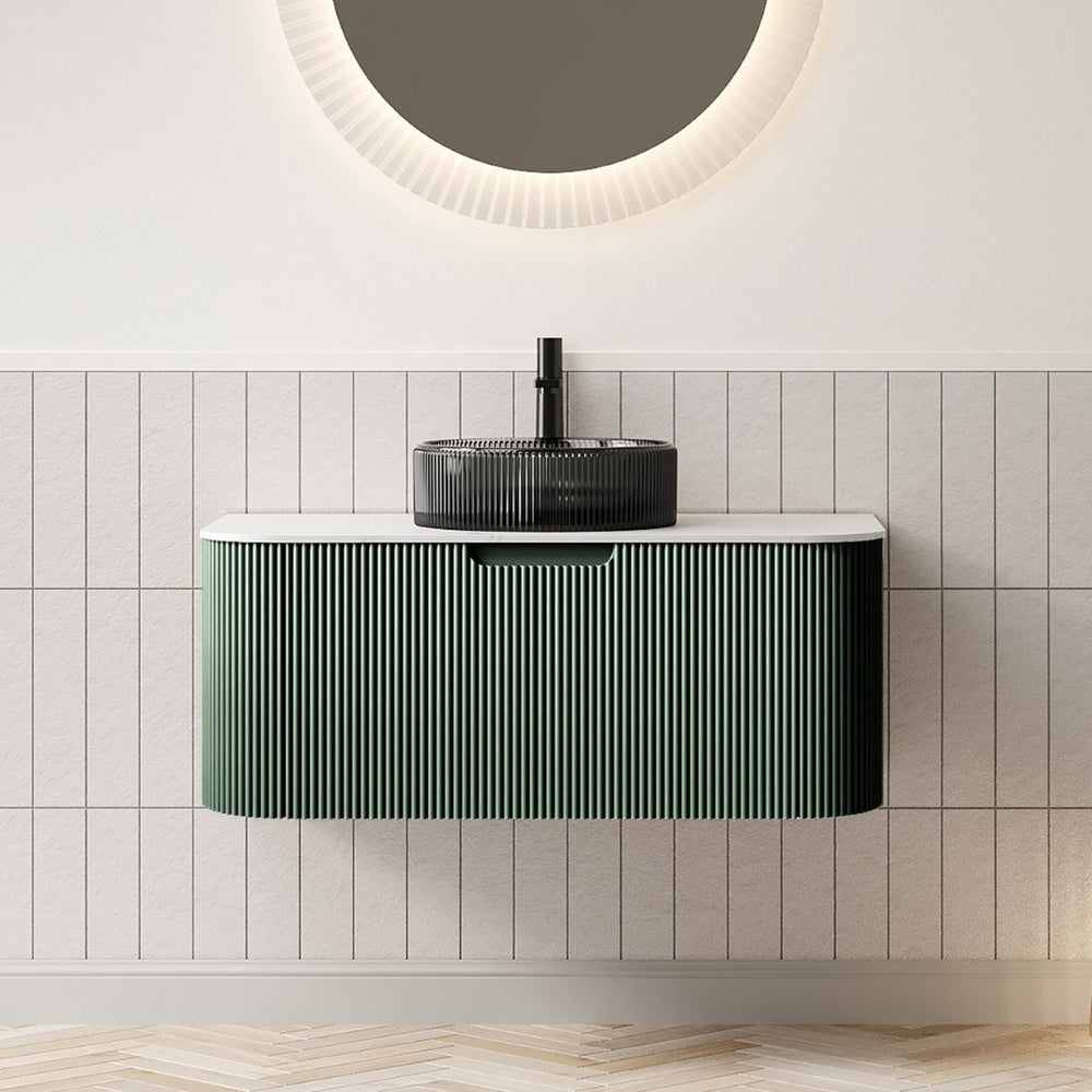 English Elm Dina Floating Bathroom Vanity Sintered Stone Top Crystal Glass Basin Dark Green Cabinet W2615S00775