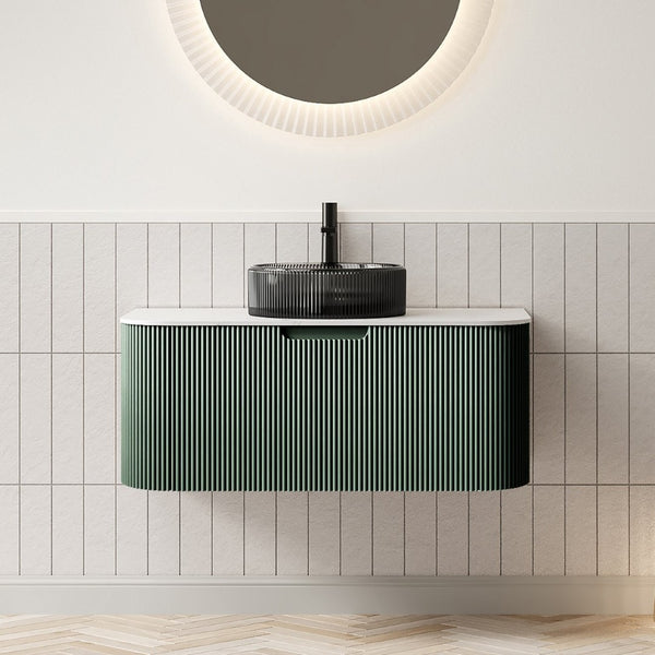 English Elm Dina Floating Bathroom Vanity Sintered Stone Top Crystal Glass Basin Dark Green Cabinet W2615S00775