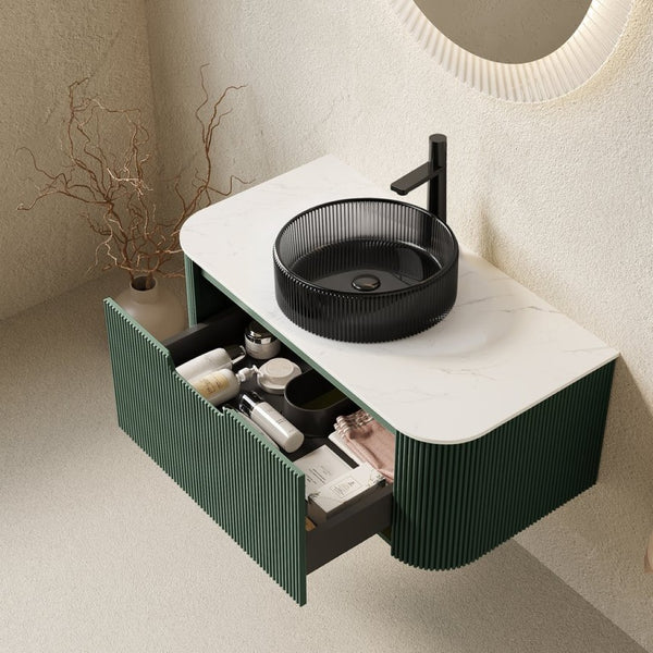 English Elm Dina Floating Bathroom Vanity Sintered Stone Top Crystal Glass Basin Dark Green Cabinet W2615S00775