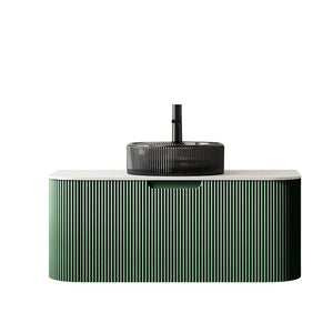 English Elm Dina Floating Bathroom Vanity Sintered Stone Top Crystal Glass Basin Dark Green Cabinet W2615S00775