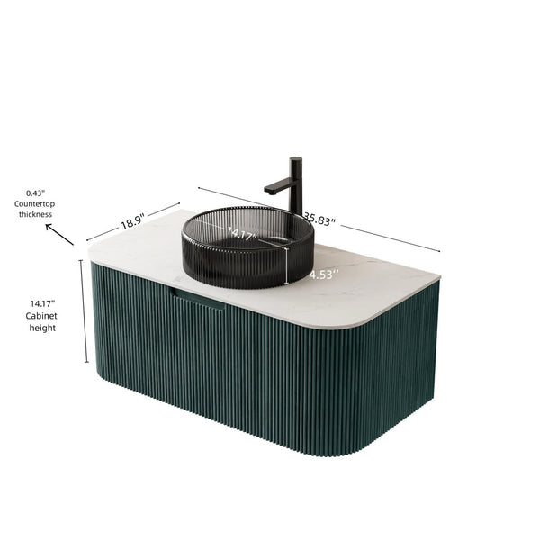 English Elm Dina Floating Bathroom Vanity Sintered Stone Top Crystal Glass Basin Dark Green Cabinet W2615S00775
