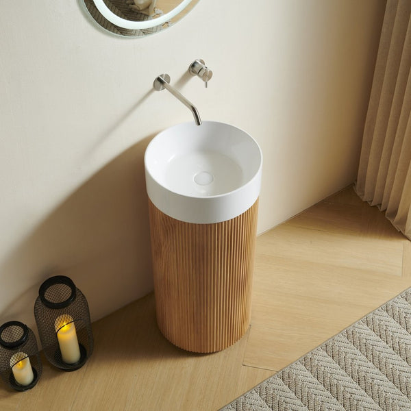 English Elm Jinbo Cylindrical Freestanding Vanity Cabinet Solid Surface Basin Sculptural Woodgrain Design Natural Wood W2615S00777