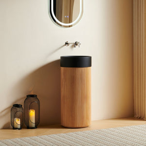 English Elm Jinbo Cylindrical Freestanding Vanity Cabinet Matte Black Basin Embossed Woodgrain Finish Natural Wood W2615S00779