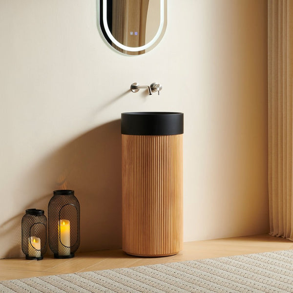 English Elm Jinbo Cylindrical Freestanding Vanity Cabinet Matte Black Basin Embossed Woodgrain Finish Natural Wood W2615S00779