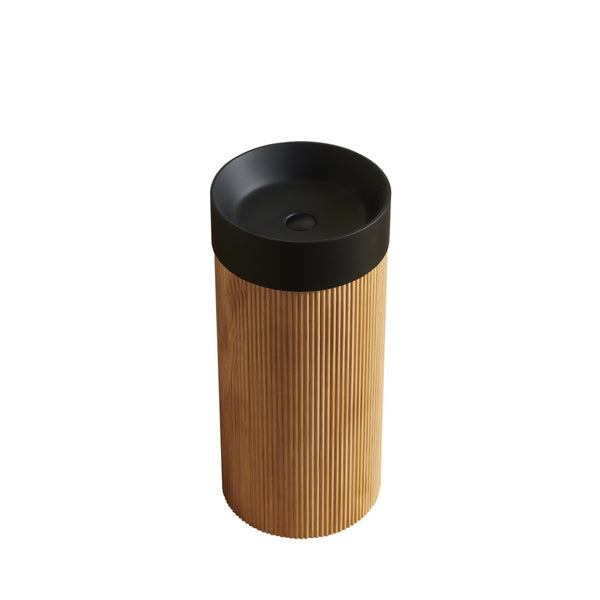 English Elm Jinbo Cylindrical Freestanding Vanity Cabinet Matte Black Basin Embossed Woodgrain Finish Natural Wood W2615S00779