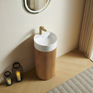 English Elm Jinbo Cylindrical Freestanding Bathroom Vanity Sculptural Wood Cabinet with Solid Surface Basin Natural Wood W2615S00783