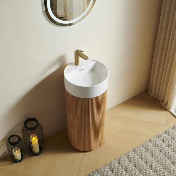 English Elm Jinbo Cylindrical Freestanding Bathroom Vanity Sculptural Wood Cabinet with Solid Surface Basin Natural Wood W2615S00783