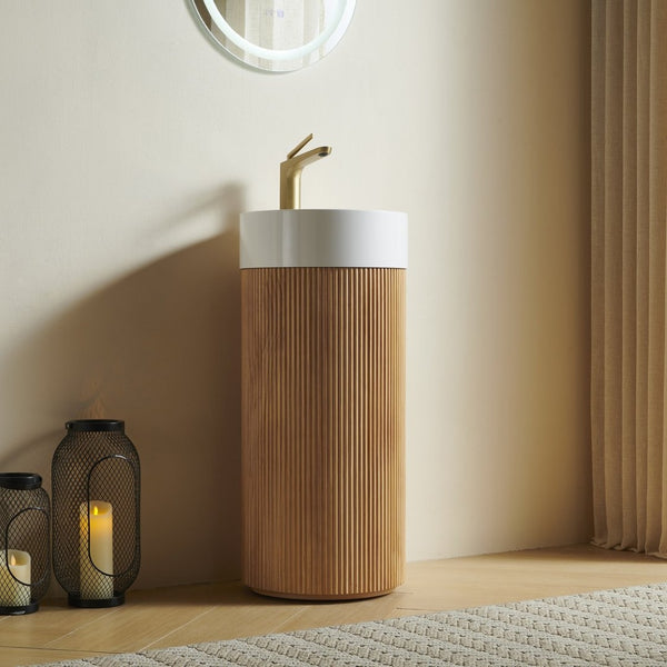 English Elm Jinbo Cylindrical Freestanding Bathroom Vanity Sculptural Wood Cabinet with Solid Surface Basin Natural Wood W2615S00783