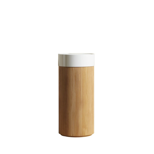 English Elm Jinbo Cylindrical Freestanding Bathroom Vanity Sculptural Wood Cabinet with Solid Surface Basin Natural Wood W2615S00783