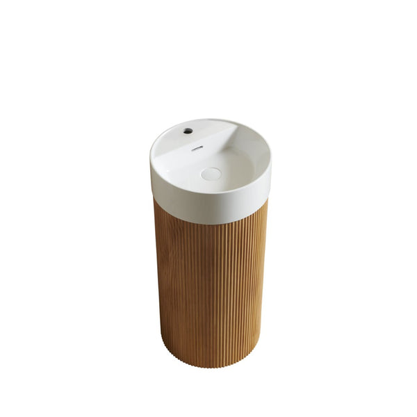 English Elm Jinbo Cylindrical Freestanding Bathroom Vanity Sculptural Wood Cabinet with Solid Surface Basin Natural Wood W2615S00783