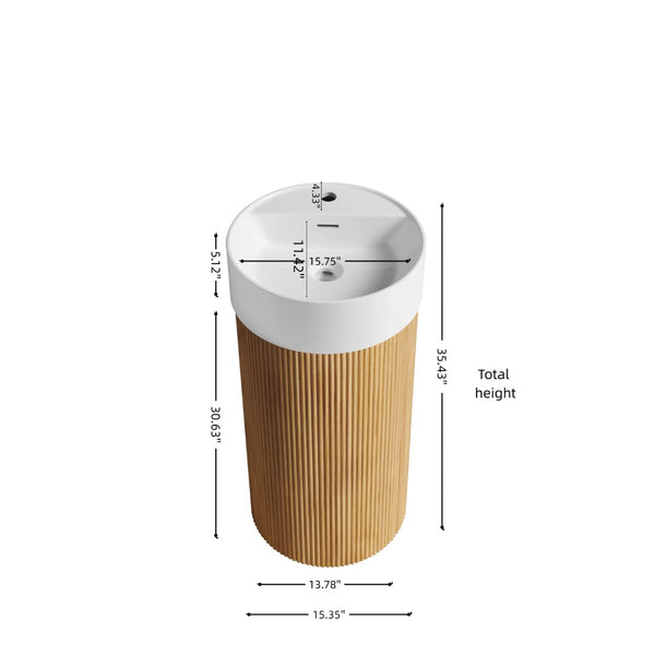 English Elm Jinbo Cylindrical Freestanding Bathroom Vanity Sculptural Wood Cabinet with Solid Surface Basin Natural Wood W2615S00783