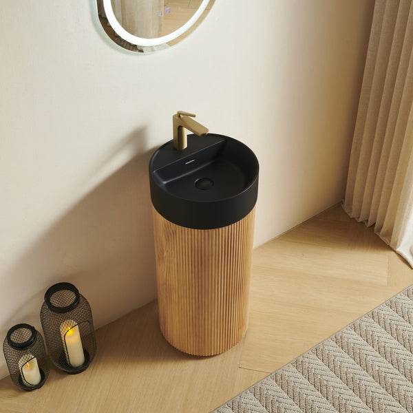 English Elm Jinbo Cylindrical Bathroom Vanity with Black Solid Surface Basin and Wood Grain Texture Natural Wood W2615S00785