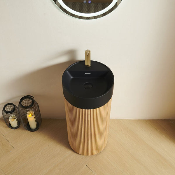 English Elm Jinbo Cylindrical Bathroom Vanity with Black Solid Surface Basin and Wood Grain Texture Natural Wood W2615S00785