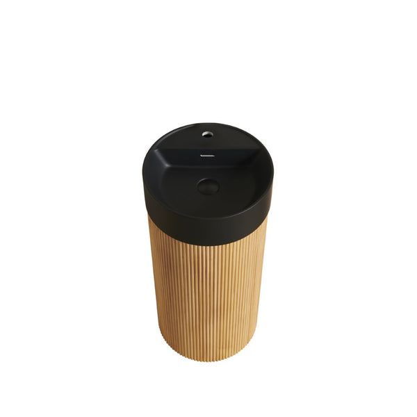 English Elm Jinbo Cylindrical Bathroom Vanity with Black Solid Surface Basin and Wood Grain Texture Natural Wood W2615S00785
