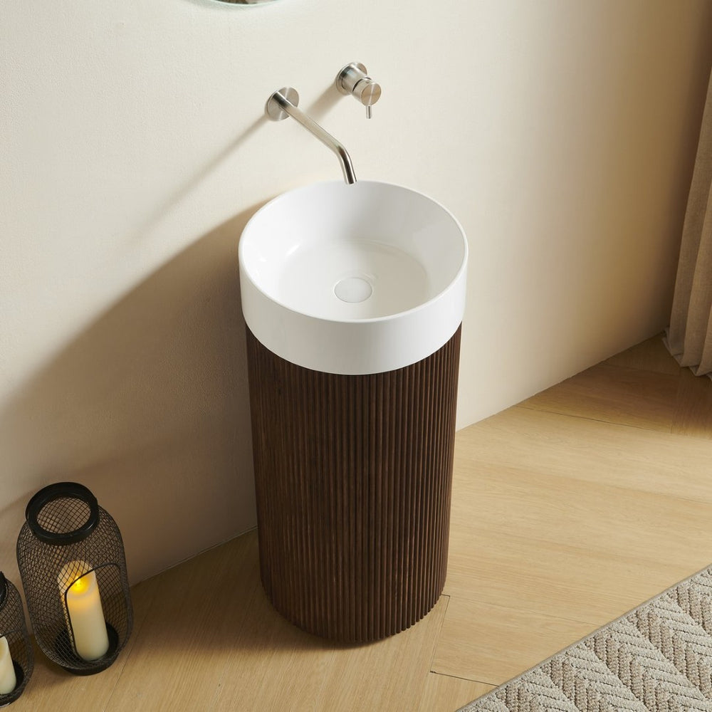 English Elm Jinbo Cylindrical Freestanding Vanity Cabinet Solid Surface Basin Sculptural Woodgrain Design Walnut W2615S00786