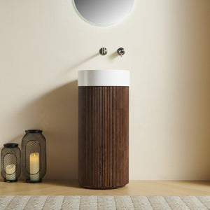 English Elm Jinbo Cylindrical Freestanding Vanity Cabinet Solid Surface Basin Sculptural Woodgrain Design Walnut W2615S00786