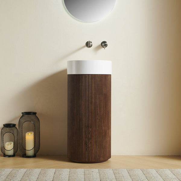 English Elm Jinbo Cylindrical Freestanding Vanity Cabinet Solid Surface Basin Sculptural Woodgrain Design Walnut W2615S00786