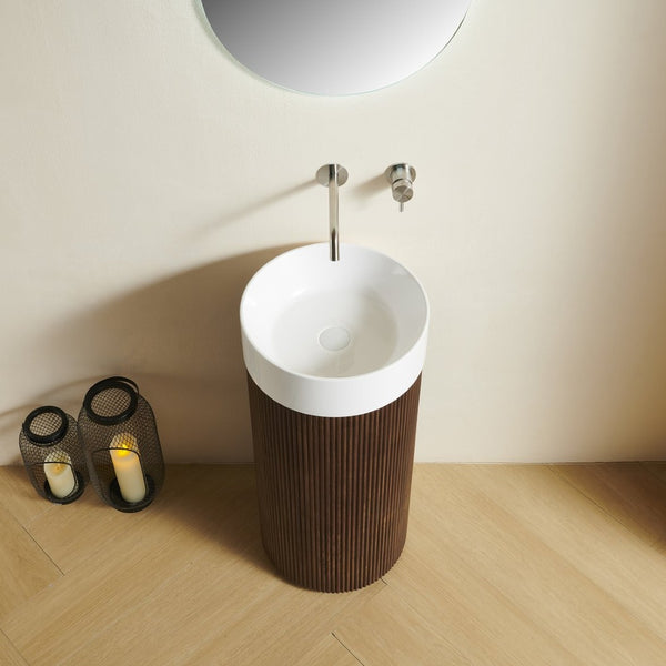 English Elm Jinbo Cylindrical Freestanding Vanity Cabinet Solid Surface Basin Sculptural Woodgrain Design Walnut W2615S00786