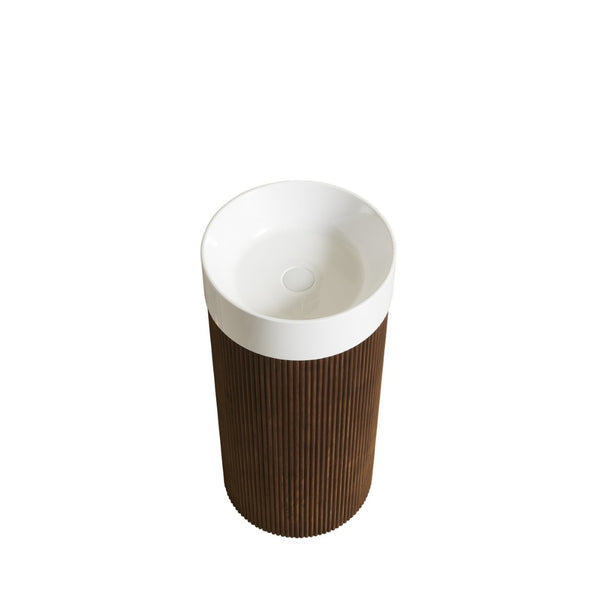 English Elm Jinbo Cylindrical Freestanding Vanity Cabinet Solid Surface Basin Sculptural Woodgrain Design Walnut W2615S00786