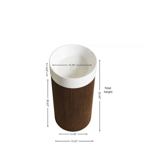 English Elm Jinbo Cylindrical Freestanding Vanity Cabinet Solid Surface Basin Sculptural Woodgrain Design Walnut W2615S00786