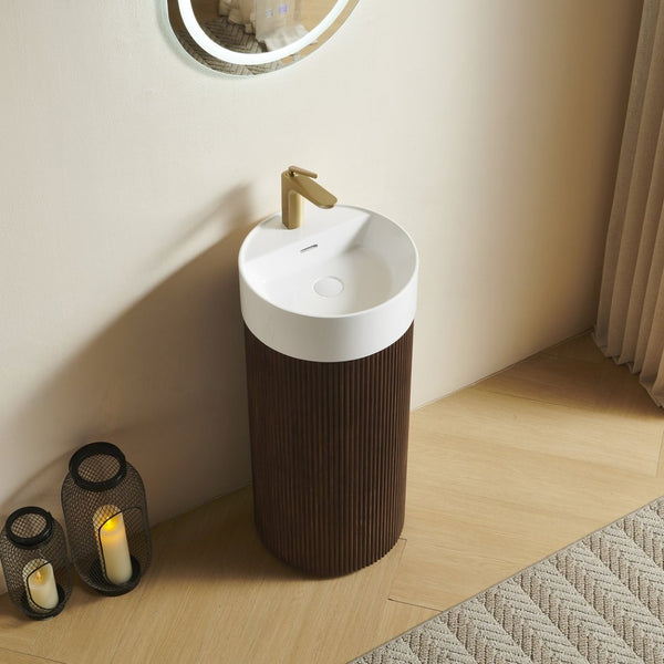 English Elm Jinbo Cylindrical Freestanding Bathroom Vanity Sculptural Wood Cabinet with Solid Surface Basin Walnut W2615S00787
