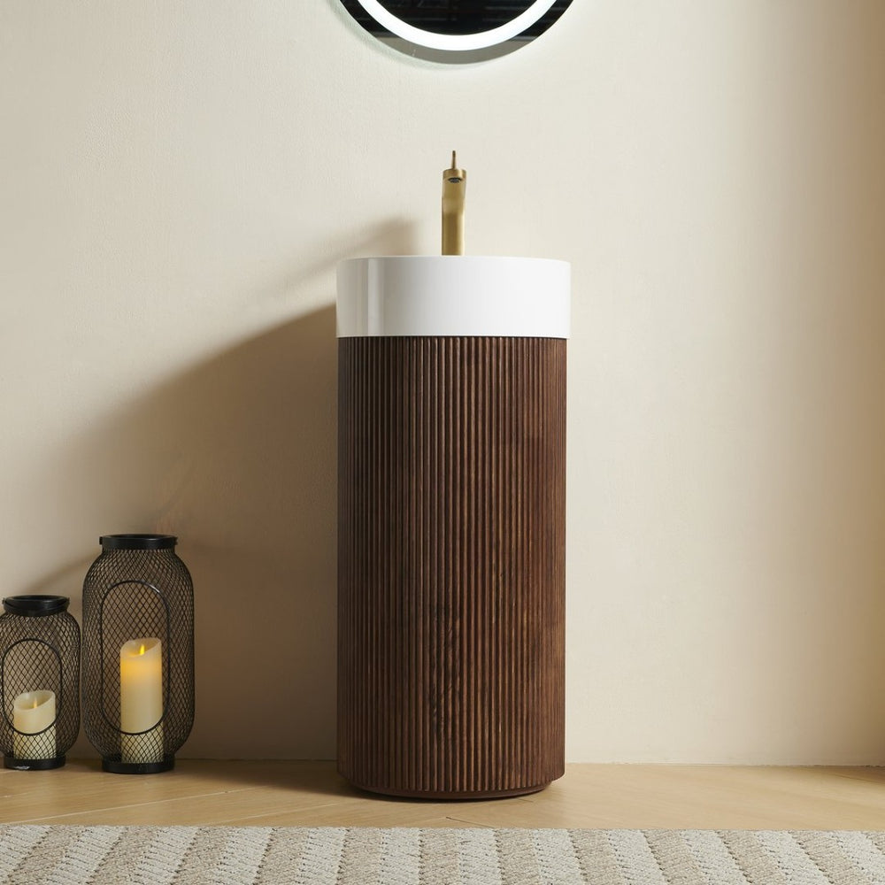 English Elm Jinbo Cylindrical Freestanding Bathroom Vanity Sculptural Wood Cabinet with Solid Surface Basin Walnut W2615S00787